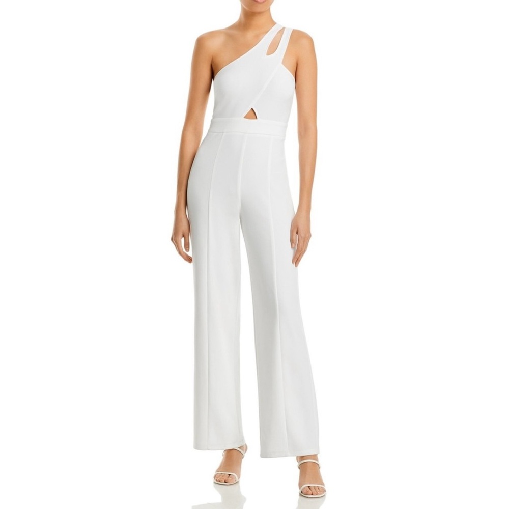 Aqua White One-Shoulder Jumpsuit with Cut-Out Detail.